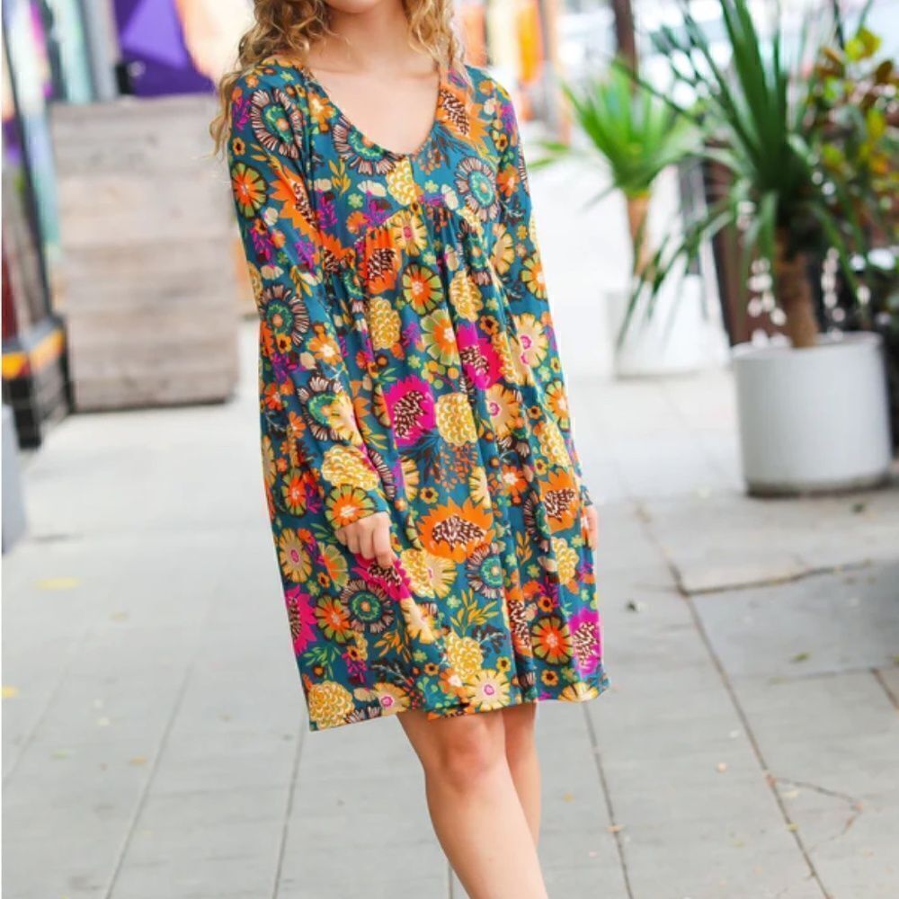 Boho Buttery Soft Knit Floral Pocketed Dress Bright Trendy Haptics Small